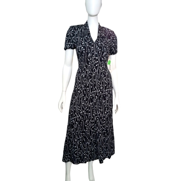 Vintage K.C. Spencer New York Floral Black Wrap Maxi Dress Size 10 NWT - Picture 1 of 11
